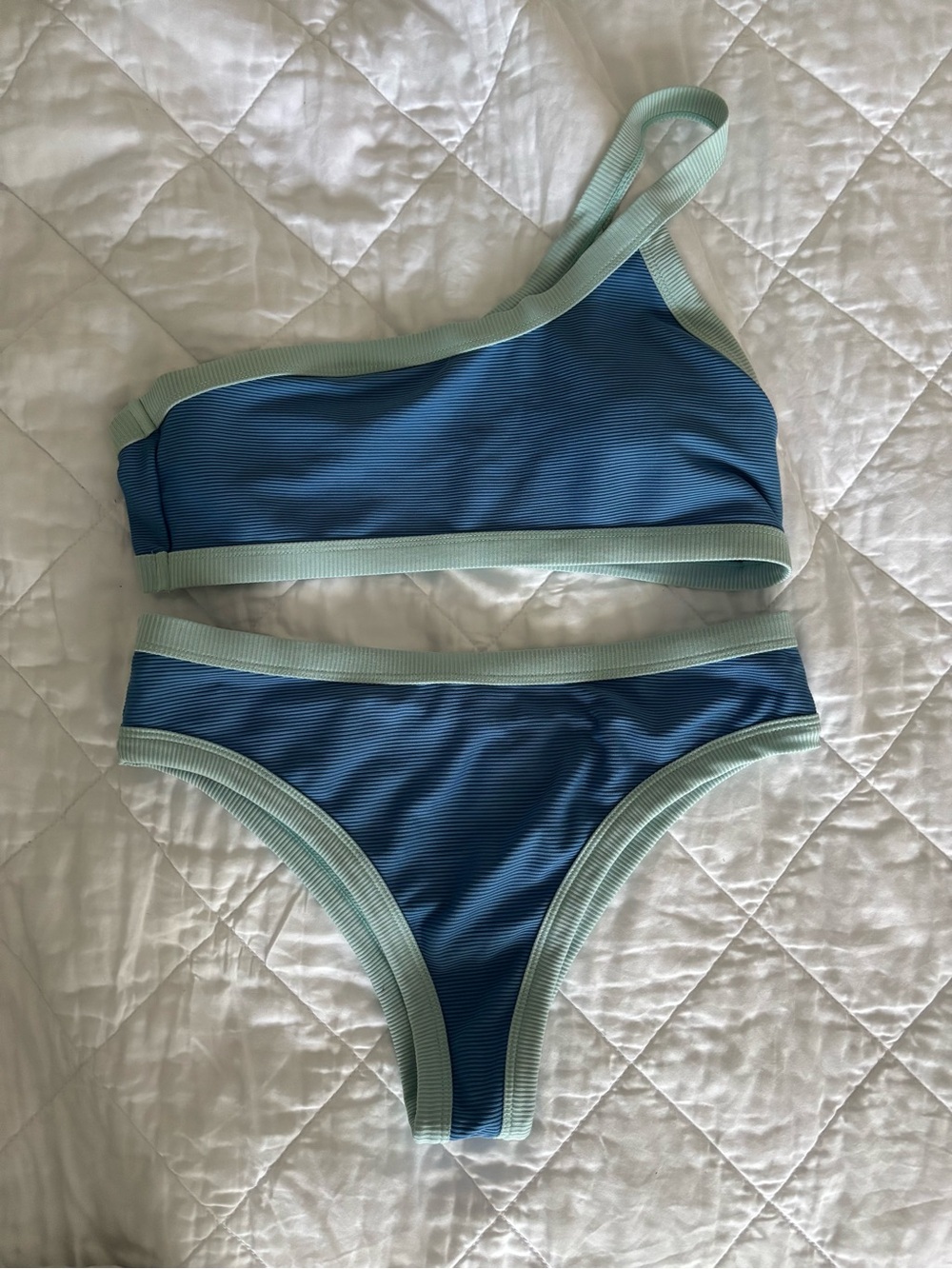 One-Shoulder Blue Bikini with Mint Trim